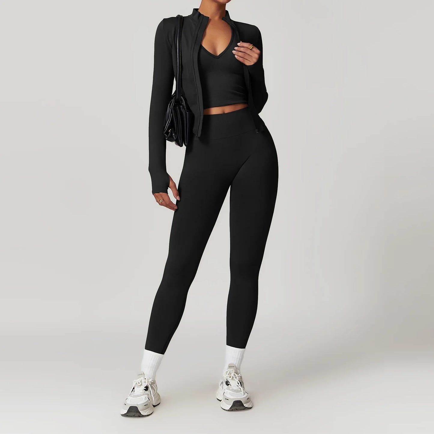 2/3/4PCS Yoga Set Gym Clothes Sportswear Seamless Yoga Suits For Women Fitness Long Sleeved Tracksuits Sports Bra Gym Leggings Black 3pcs-2 China Mainland