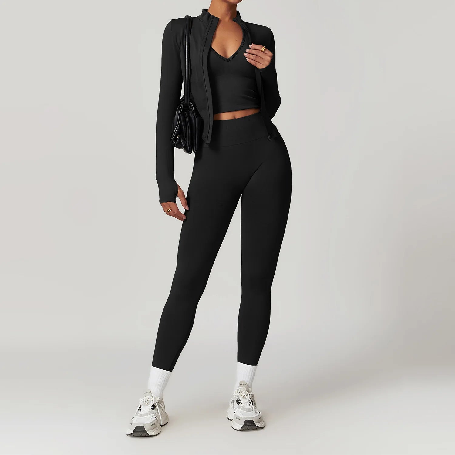 2/3/4PCS Yoga Set Gym Clothes Sportswear Seamless Yoga Suits For Women Fitness Long Sleeved Tracksuits Sports Bra Gym Leggings Black 3pcs-2 China Mainland
