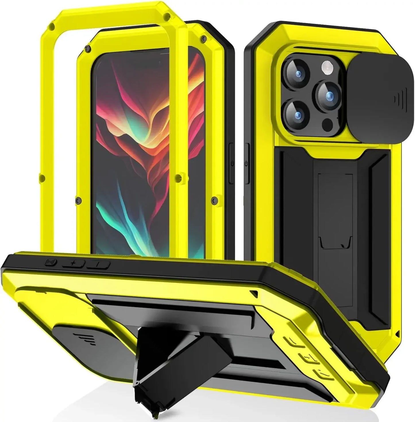 Heavy Duty Rugged Metal Case for iPhone, Case for iPhone 17 16 15 14, 13 Pro Max, Screw Military Shockproof Cover with Screen Ca Yellow