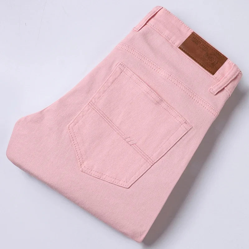 White Jeans Men's Fashion Straight Elastic Cotton Denim Pants Spring Autumn All-match Business Casual Trousers Male Clothes Pink
