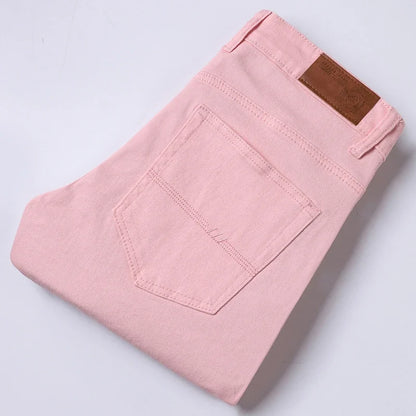 White Jeans Men's Fashion Straight Elastic Cotton Denim Pants Spring Autumn All-match Business Casual Trousers Male Clothes Pink