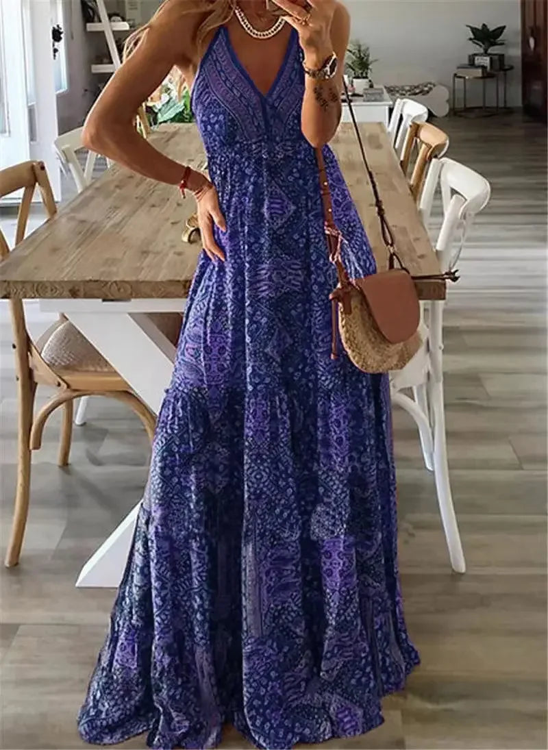 Bohemian Floral Maxi Dress Blue