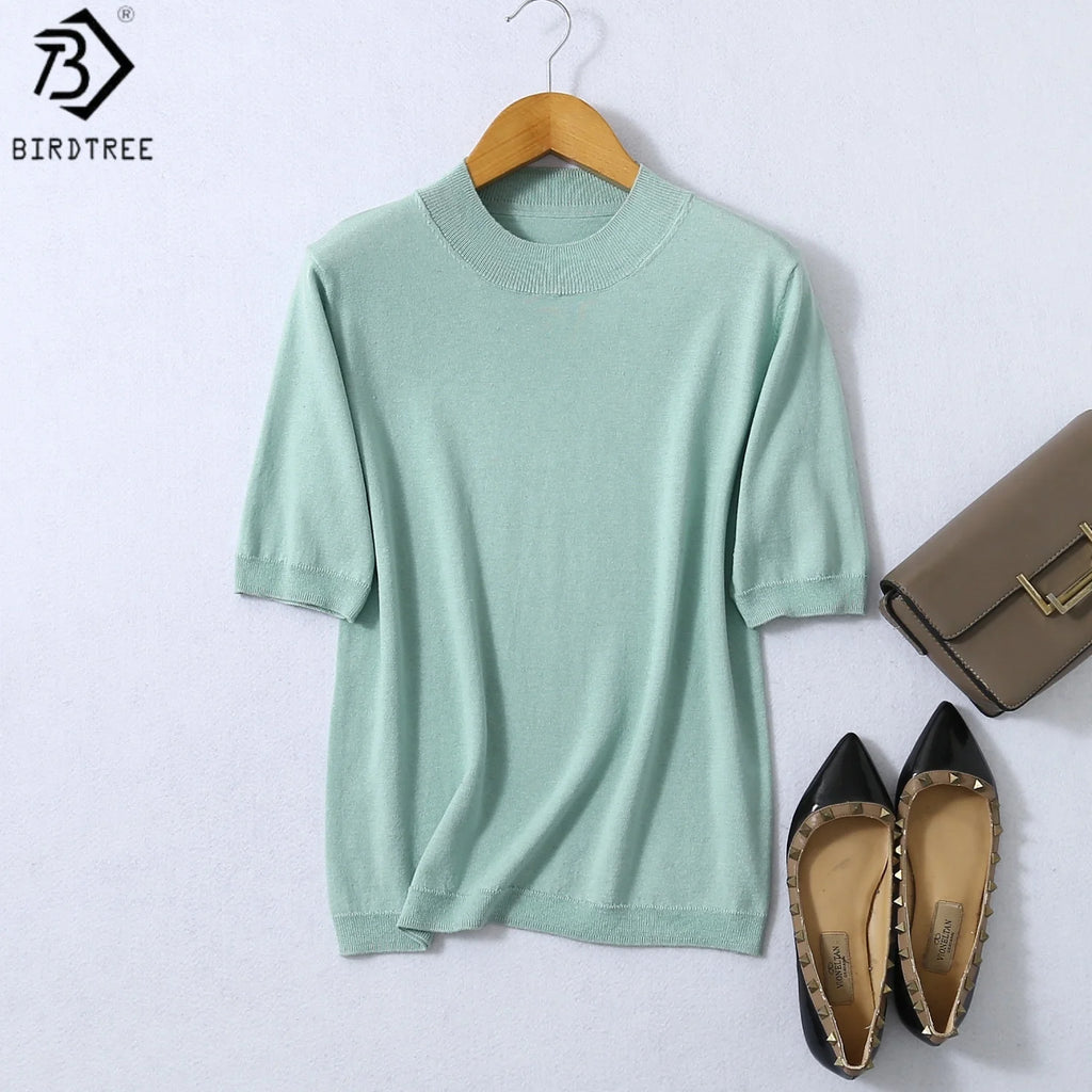 Birdtree, Woman Basic Sweaters, 70% Spun Silk and Cotton Blend O Neck Pullovers, Fall Winter Solid Bottoming Shirts T61715JF