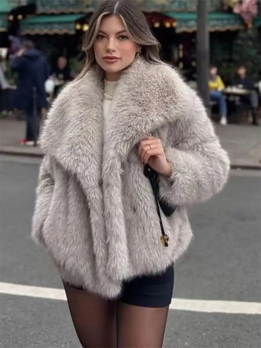 Women's fur coat short style fashion imitation fox hair whole fur coat autumn winter new casual lady jacket GRAY