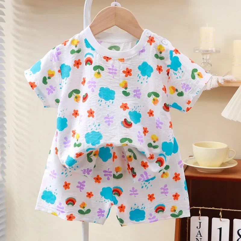 Kids Suit Clothes for Girls Cartoon Short Sleeve T-shirt Tops+shorts Summer Children's Clothing Baby Boys Set 02
