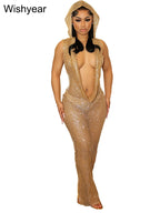 New Luxury Birthday Red Hooded Dress for Women Sexy Deep V Neck Sequins Glitter Mesh See Through Back Open Sparkly Evening Robe