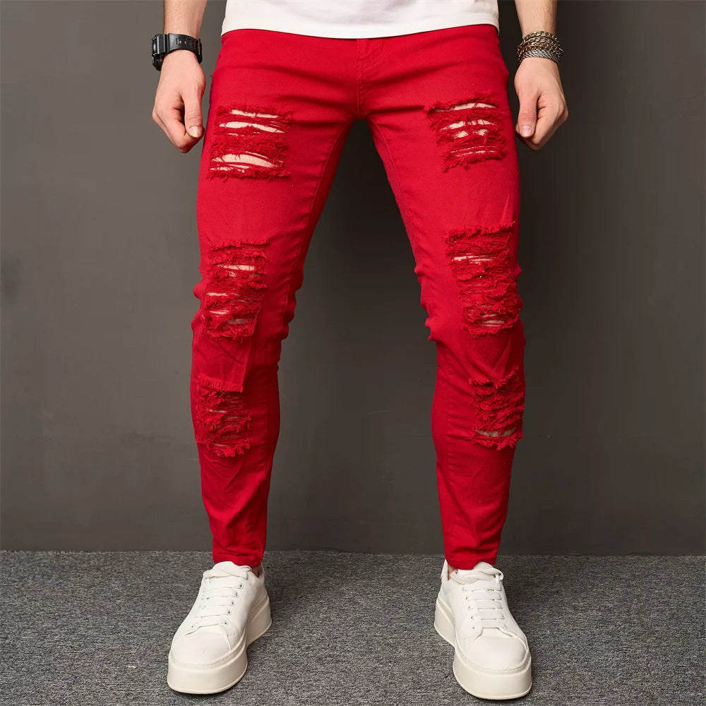 Men Street style Holes Skinny Beggar Jeans Good Quality Distressed Men's Slim Pencil Denim Pants Male Clothing 1111