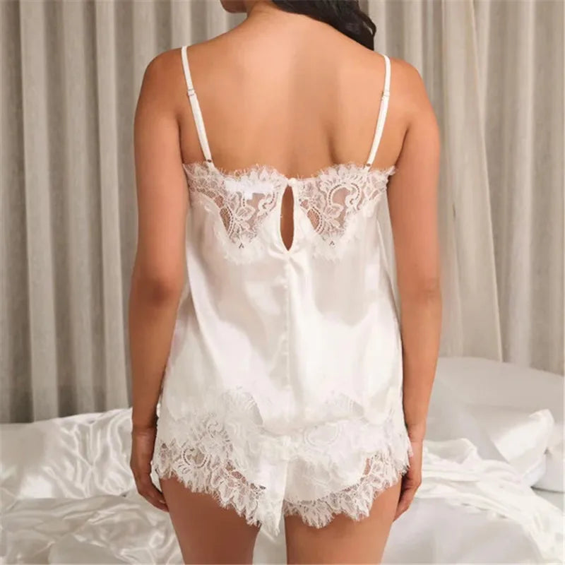 hirigin Women Sexy 2 Piece Pajama Set Lace Trim Satin Cami Top and Silky Pj Shorts Coquette Lounge Outfits Sleepwear