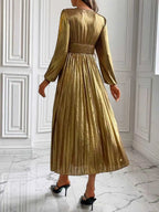Wedding Prom Party Elegant Long Dresses Women Pleated V-Neck Dresses 2025 Spring Autumn Long Sleeves Gown Gold Holiday Dress