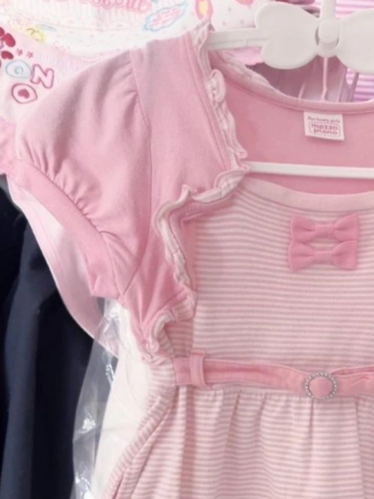 Japanese Sweet Summer Stripe Dress Cute Girl Style Bow Embroidery Sleeveless Strap Dress Soft Kawaii Y2K Aesthetic Fairy Outfit