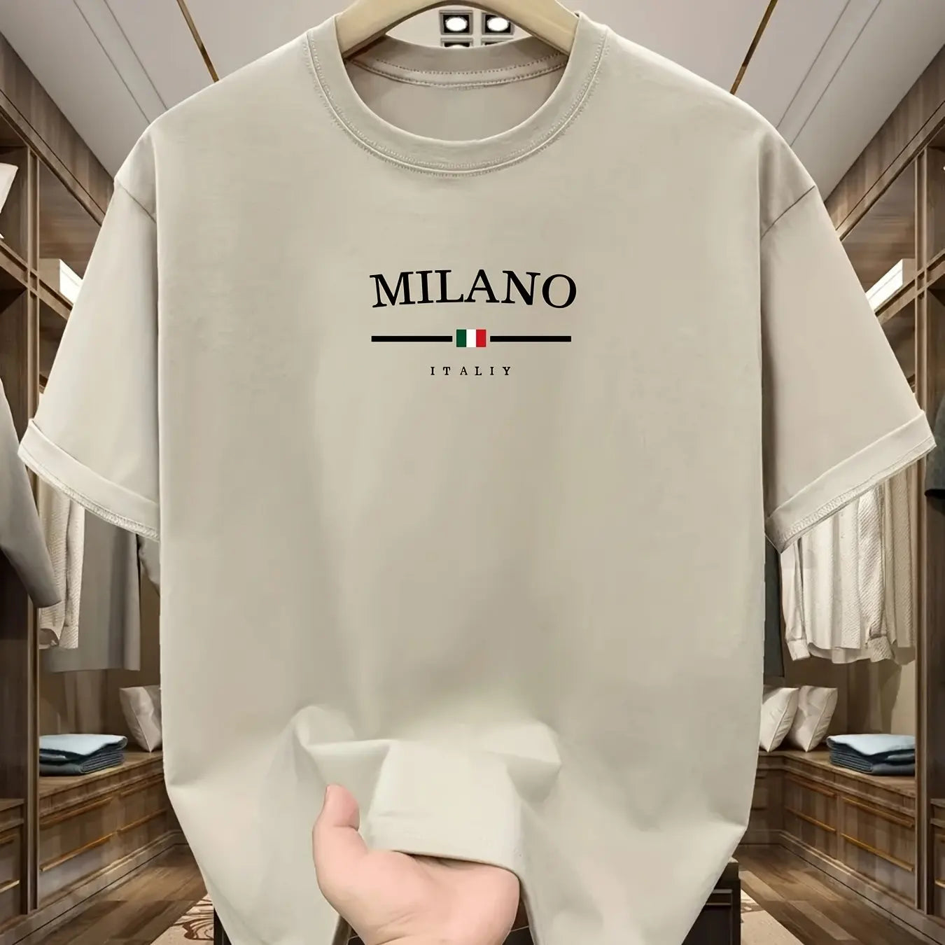 Men's 100% pure cotton fashionable casual loose Italian style Milan letter printed round neck short sleeved T-shirt top A1589-ka qi