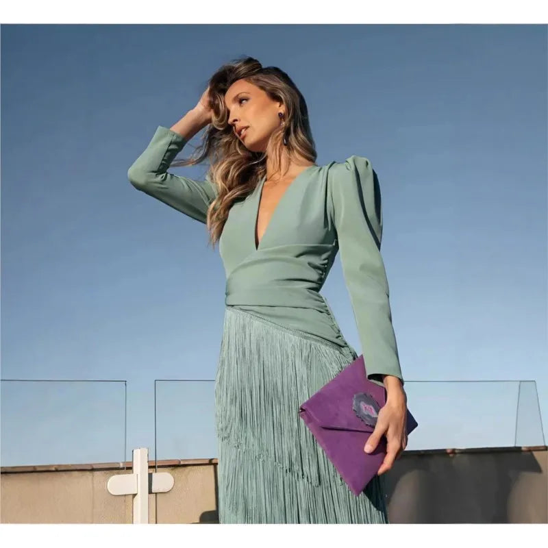 Autumn Long Sleeve Spliced Tassel Party Dresses Woman Elegant Deep V Neck Sheath Long Dress Fashion Deep V Neck Holiday Dress
