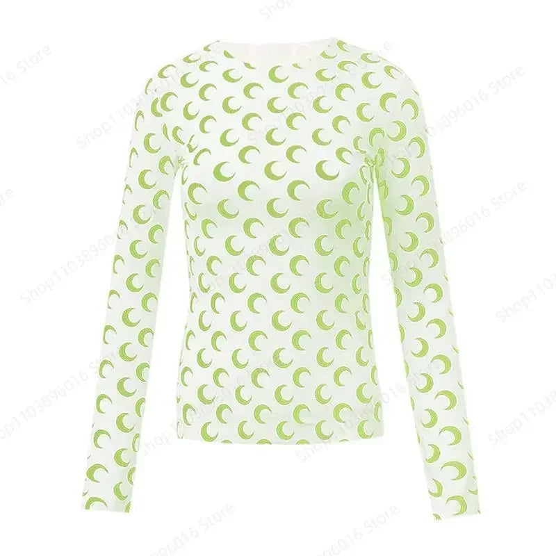 Moon Printed Tshirt Graphic Top for Women Stretchy Slim Korean Fall Spring Long Sleeve Tees Y2k Grunge T-Shirt 2000s Clothes 02