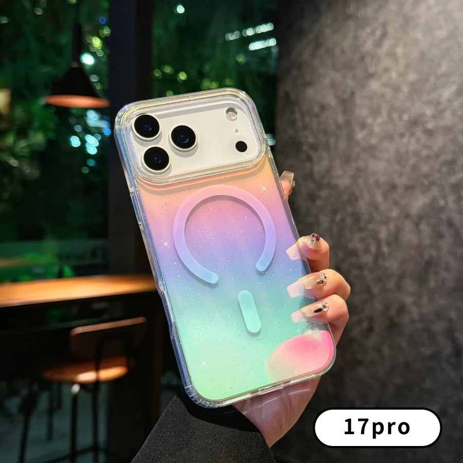Suitable For iPhone 17pro max case，17 Air ，17Pro Transparent  PC +TPU Hard glittery gradient Magnetic protective case