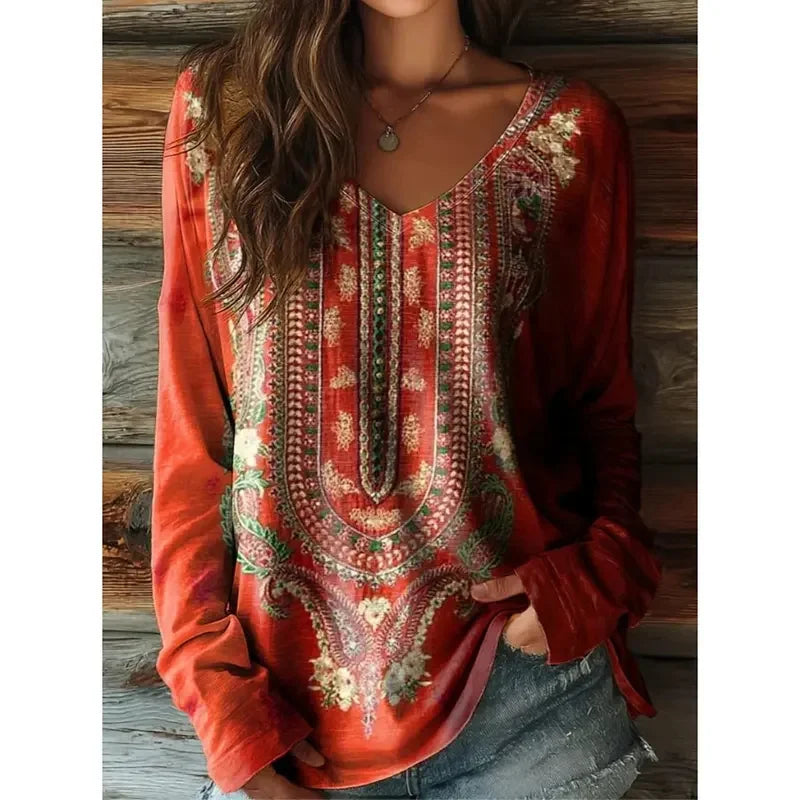 Vintage Women's T-Shirt Floral Graphic Plants Elegant Fashion Tee Long Sleeve T-shirts V-Neck Regular Tops Pullover Fall Winter