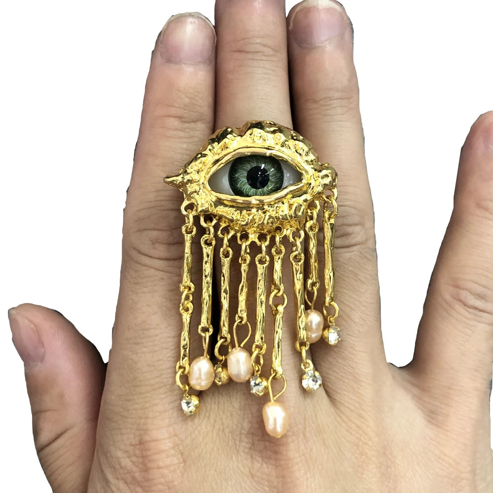 Devil's Eye Tassel Ring — Vintage Pearl Statement Ring for Women adjustable ring ring 2