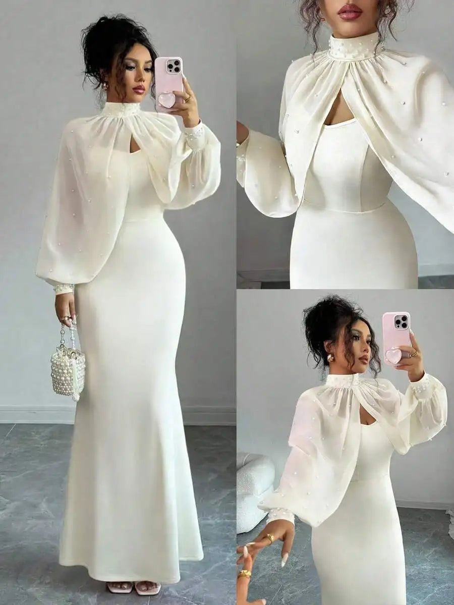 Elegant Pink Mermaid Gown with Beaded Sheer Capelet, Bodycon Slip Dress Set