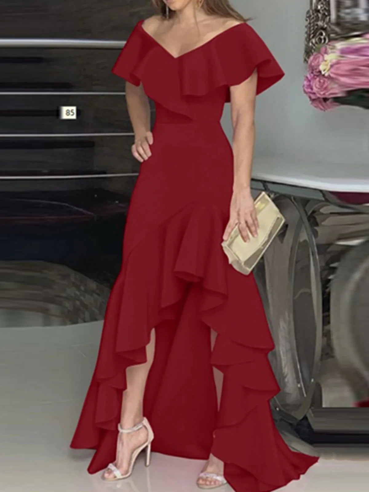 Beauty style elegant V-neck ruffled irregular elegant dress Claret