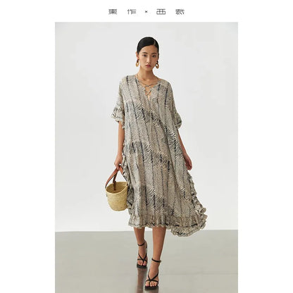 Animal Fiber Fabric~Women's Ruffled Mulberry Silk Dress with a Unique Design, Niche Style Long Silk Dress