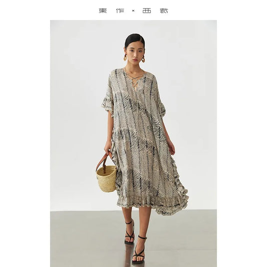 Animal Fiber Fabric~Women's Ruffled Mulberry Silk Dress with a Unique Design, Niche Style Long Silk Dress