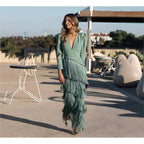 Autumn Long Sleeve Spliced Tassel Party Dresses Woman Elegant Deep V Neck Sheath Long Dress Fashion Deep V Neck Holiday Dress