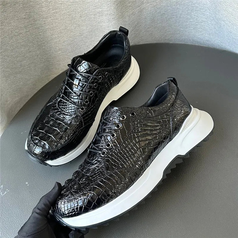 Authentic Real Crocodile Skin Classic Black White Men Soft Sneakers Genuine Exotic Alligator Leather Male Lace-up Walking Flats