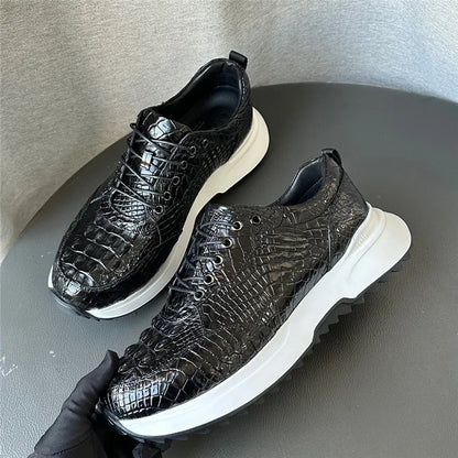 Authentic Real Crocodile Skin Classic Black White Men Soft Sneakers Genuine Exotic Alligator Leather Male Lace-up Walking Flats