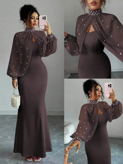 Elegant Pink Mermaid Gown with Beaded Sheer Capelet, Bodycon Slip Dress Set Brown United States