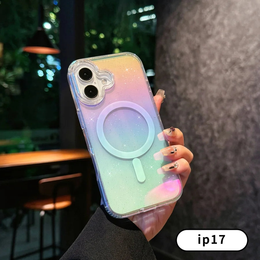 Suitable For iPhone 17pro max case，17 Air ，17Pro Transparent PC +TPU Hard glittery gradient Magnetic protective case