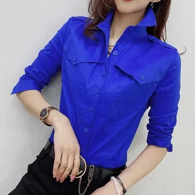 2026 New Fall Winter European Clothes Shirts Office Lady Pockets Blouses Fashion Sexy Button Up Women's Long Sleeve Tops 311127 Blue