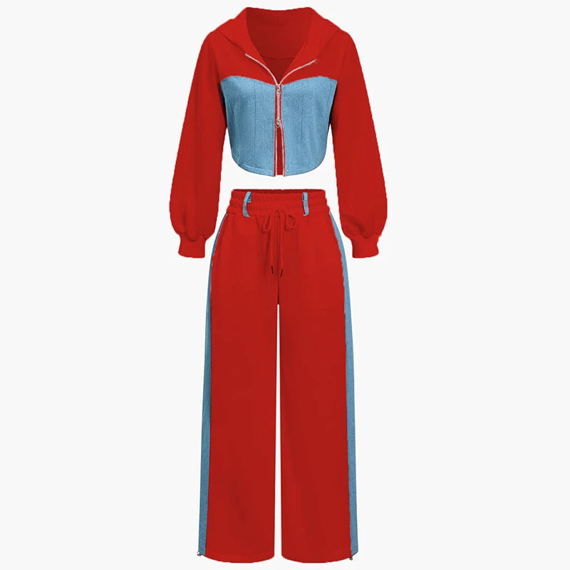 Hoodie Patchwork Denim 2 Piece Sets Women Outfit Slim Hoodies Crop Top Wide Leg Sweatpants Suit Streetwear Casual Tracksuits Red