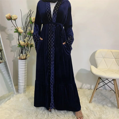 Autumn and Winter Long Sleeve Abayas Corduroy Velvet Cardigan Abaya for Women Solid Warmth Muslim Dress Women Eid Caftan Evening