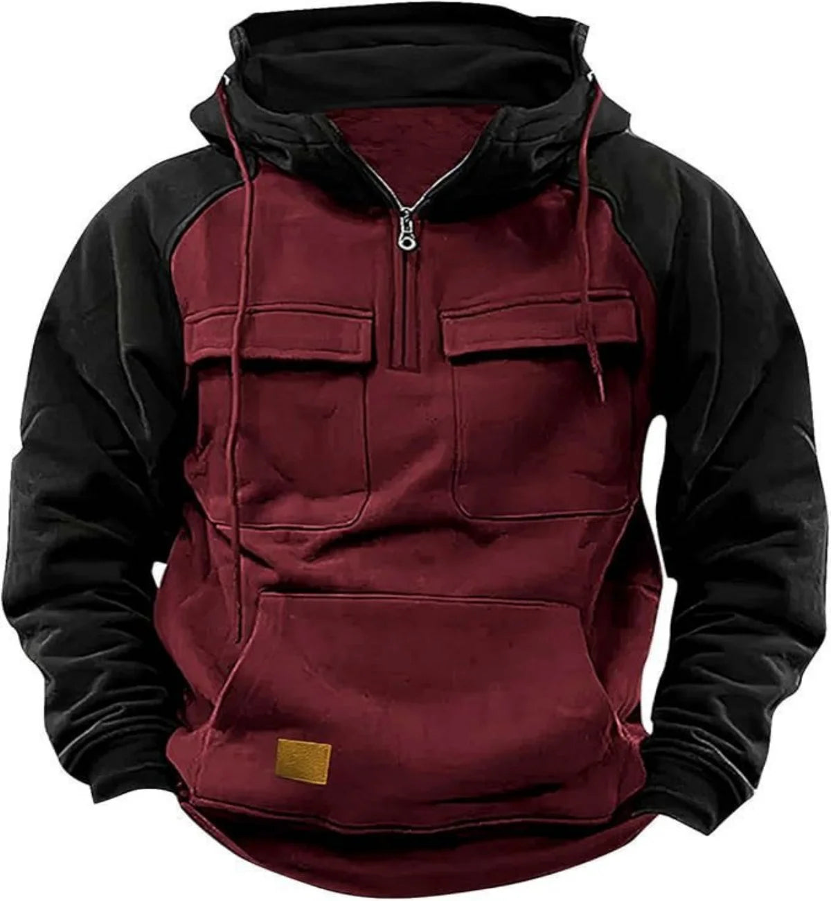 Men's Casual Hooded Sweatshirt Autumn Winter Fashionable Loose Workwear Multiple Pockets Youthful Design Long-Sleeved Hoodie Deep wine red China Mainland