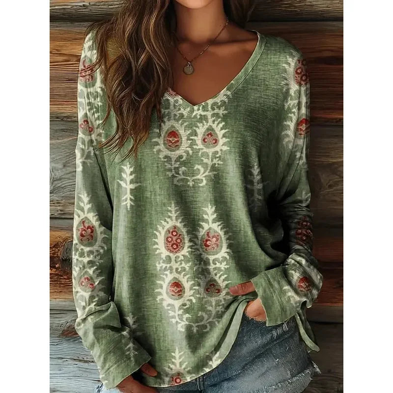 Vintage Women's T-Shirt Floral Graphic Plants Elegant Fashion Tee Long Sleeve T-shirts V-Neck Regular Tops Pullover Fall Winter