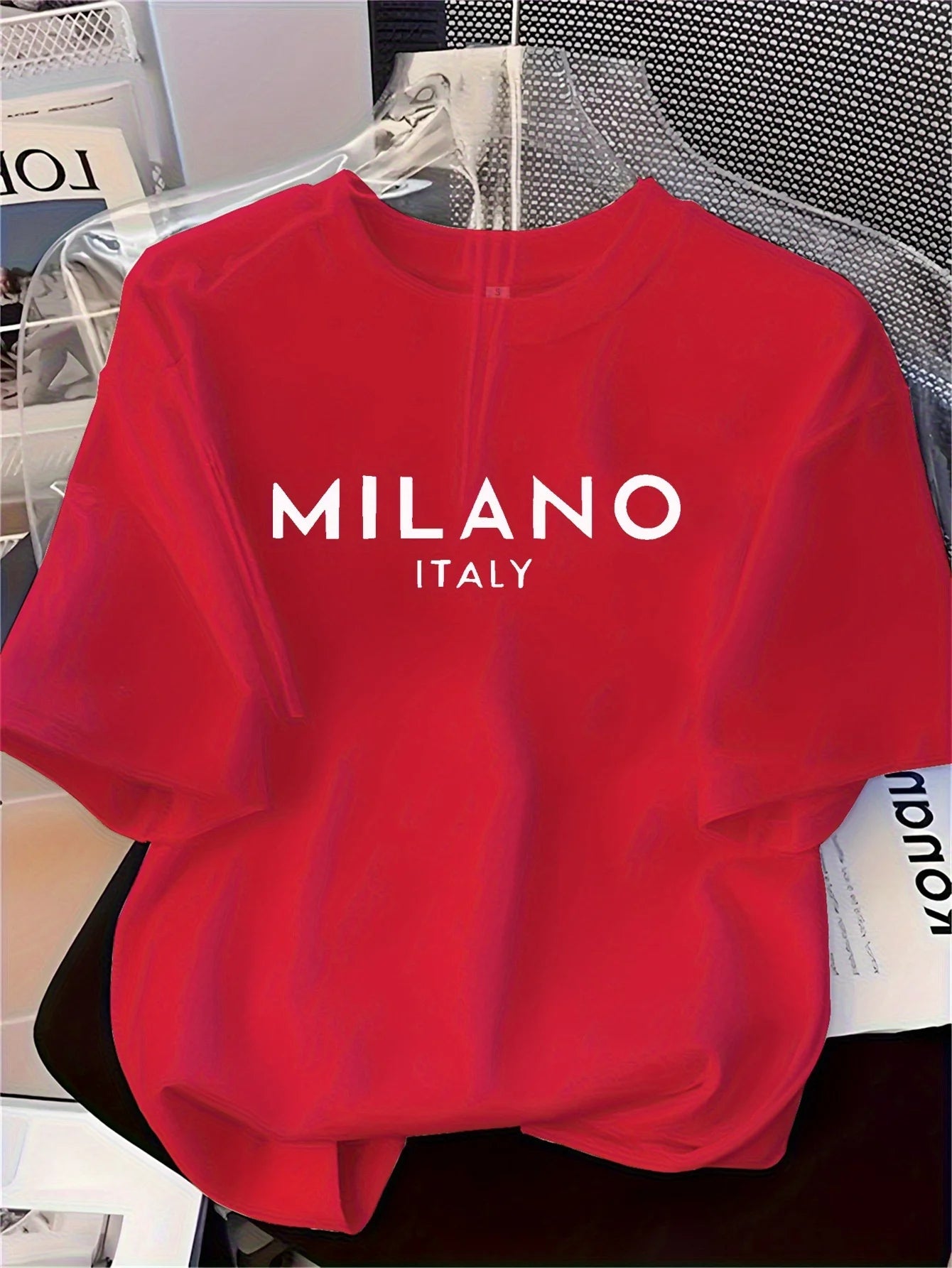 Men's 100% pure cotton fashionable casual loose Italian style Milan letter printed round neck short sleeved T-shirt top A1589-hong