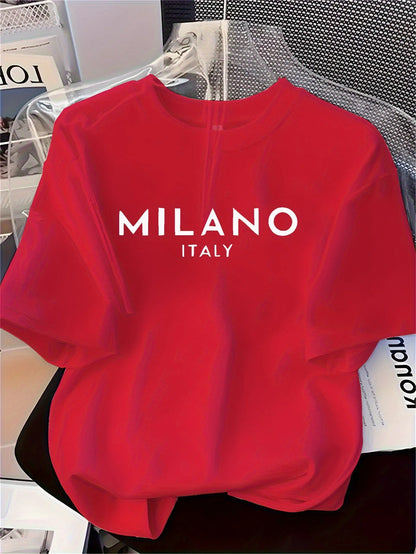 Men's 100% pure cotton fashionable casual loose Italian style Milan letter printed round neck short sleeved T-shirt top A1589-hong