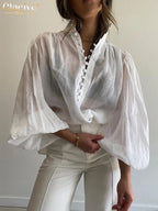 Clacive White Cotton Women's Blouse Elegant Stand Collar Puff Sleeve Casual Classic Shirt Female Clothing Midweight Full Sleeve WHITE China Mainland