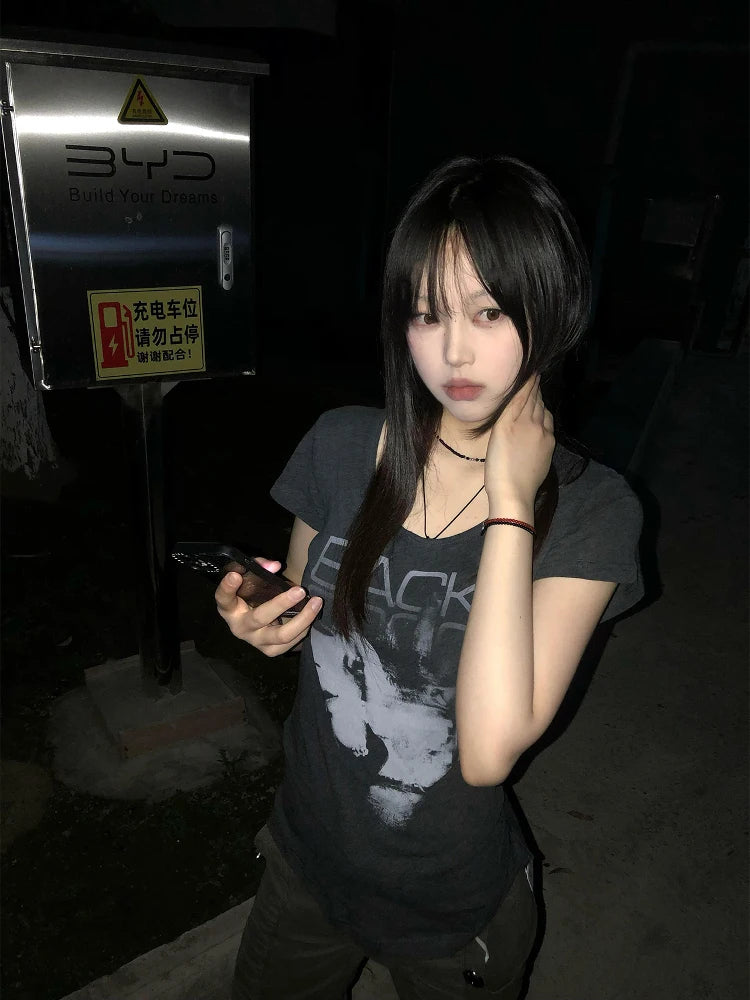 Seeslim Hotsweet Print Letter Graphic T Shirts Woman Clothes Short Sleeve Summer Tops 2000s Clothes Y2k Goth Tees Female Chic