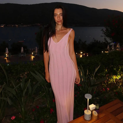 Sexy Backless Beach Dress Women 2026 Summer Sleeveless Knitted Long Dress Elegant Cocktail Party Maxi Bodycon Dress Vestidos pink