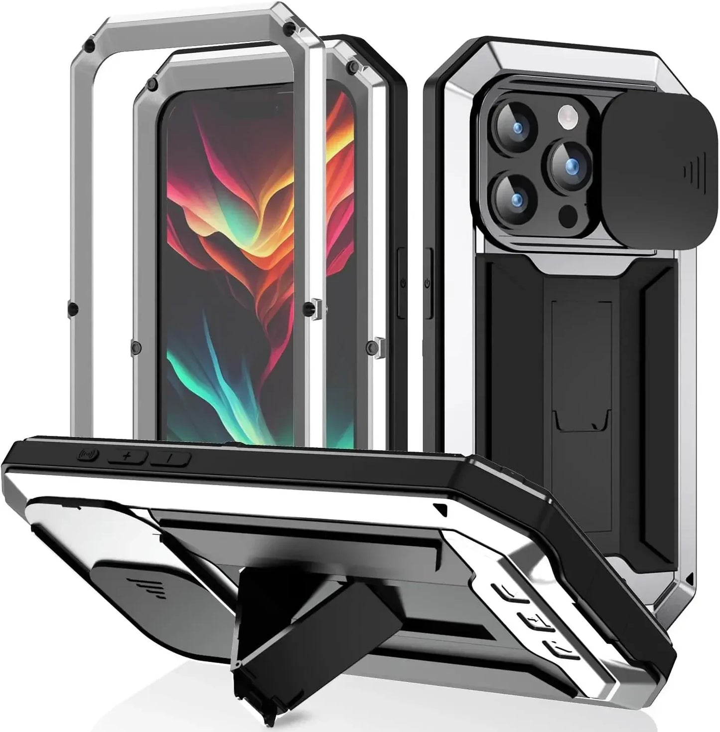 Heavy Duty Rugged Metal Case for iPhone, Case for iPhone 17 16 15 14, 13 Pro Max, Screw Military Shockproof Cover with Screen Ca Silver
