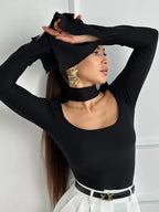 Women'S Fall/Winter New Arrival Solid Color Hanging Neck Square Collar Slim-Fit Elegant Slit Long-Sleeve Causal Top