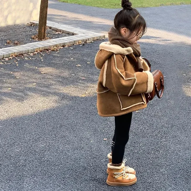 Girl Coat Children Suede Coat Autumn and Winter Girl Korean Style Thick Fur Integrated Biker Coat with Fleece on Both Sides Brown