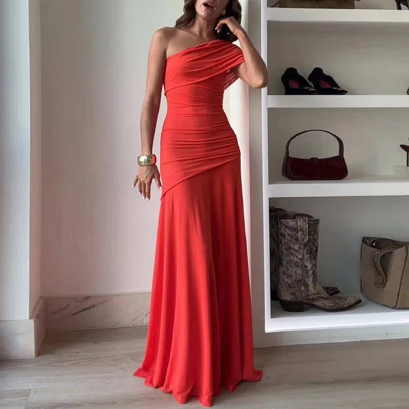 Casual Asymmetrical Dress Summer Slanted Collar High Waist Pleats Long Dress Lady Elegant One Shoulder Sleeve Slim Banquet Dress Red