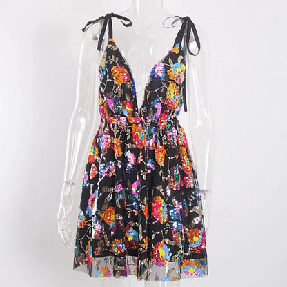 Sexy Deep V Backless Sequin Floral Tie Women Short Dress Sexy Sequin Floral Suspender Nightclub Dresses Beach Vaction Clothes
