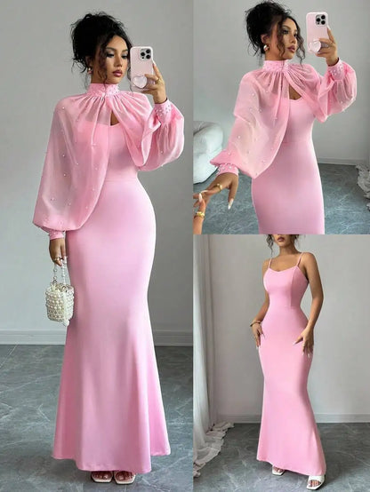 Elegant Pink Mermaid Gown with Beaded Sheer Capelet, Bodycon Slip Dress Set Pink United States