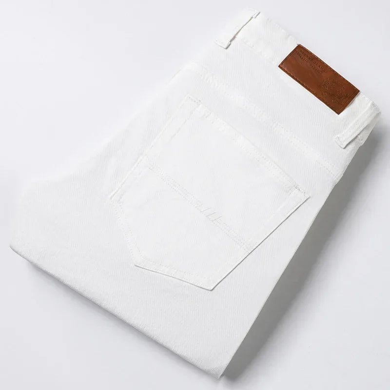 White Jeans Men's Fashion Straight Elastic Cotton Denim Pants Spring Autumn All-match Business Casual Trousers Male Clothes WHITE