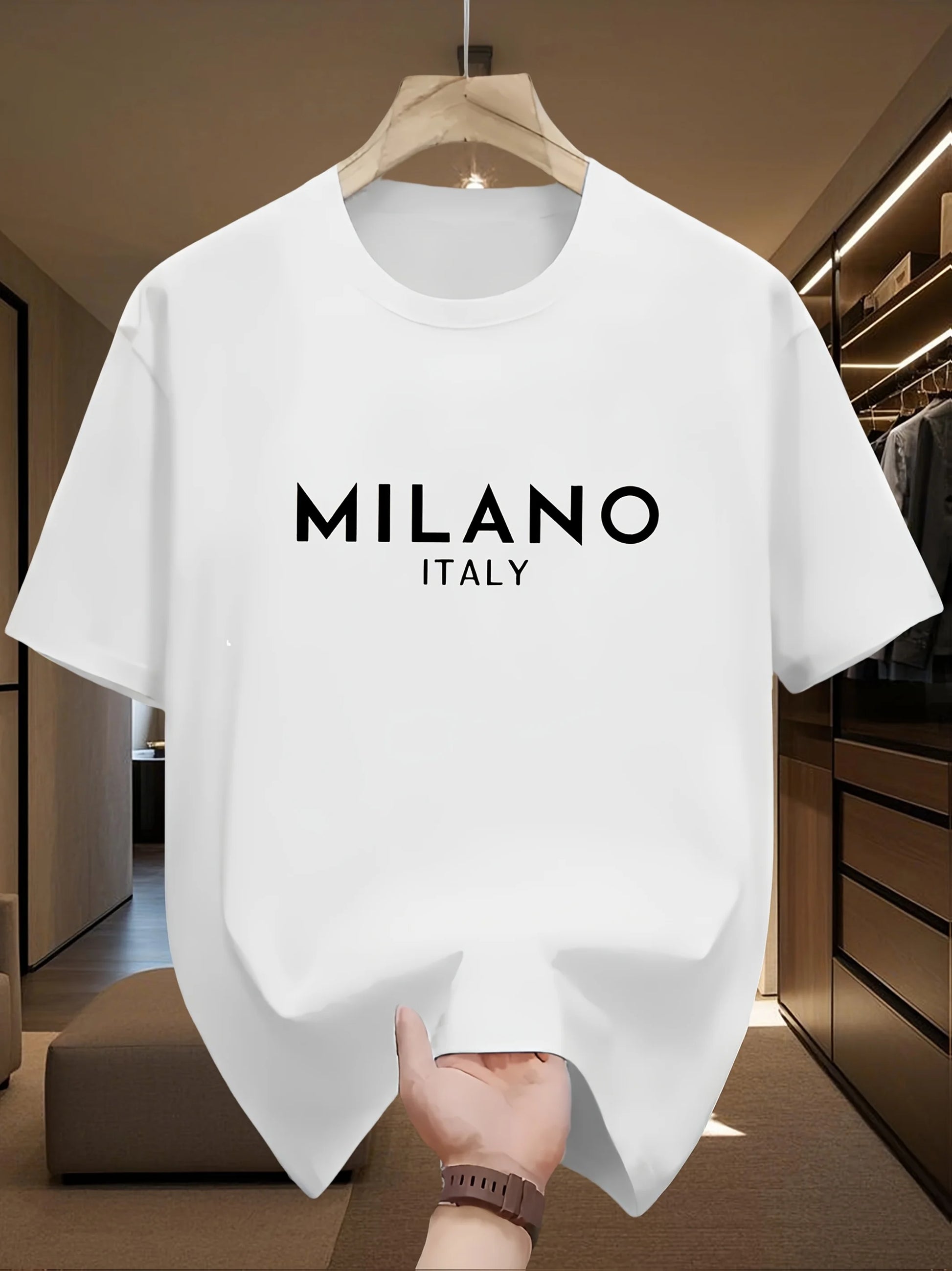 Men's 100% pure cotton fashionable casual loose Italian style Milan letter printed round neck short sleeved T-shirt top A1689-Bai