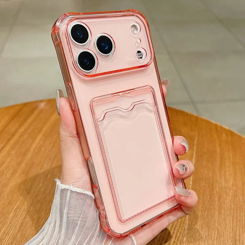 Card Slot Pocket Phone Cases For iPhone 17 17Air Air 17Pro Pro Max 17ProMax Shockproof Transparent Silicone Soft TPU Cover Capa Pink