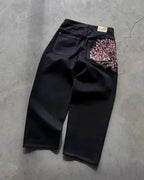 Vintage Low Waist Hip Hop Cherry Blossom Embroidered Jeans Wide Leg Trousers Y2K Clothes Mens Womes Embroidered Baggy Jeans