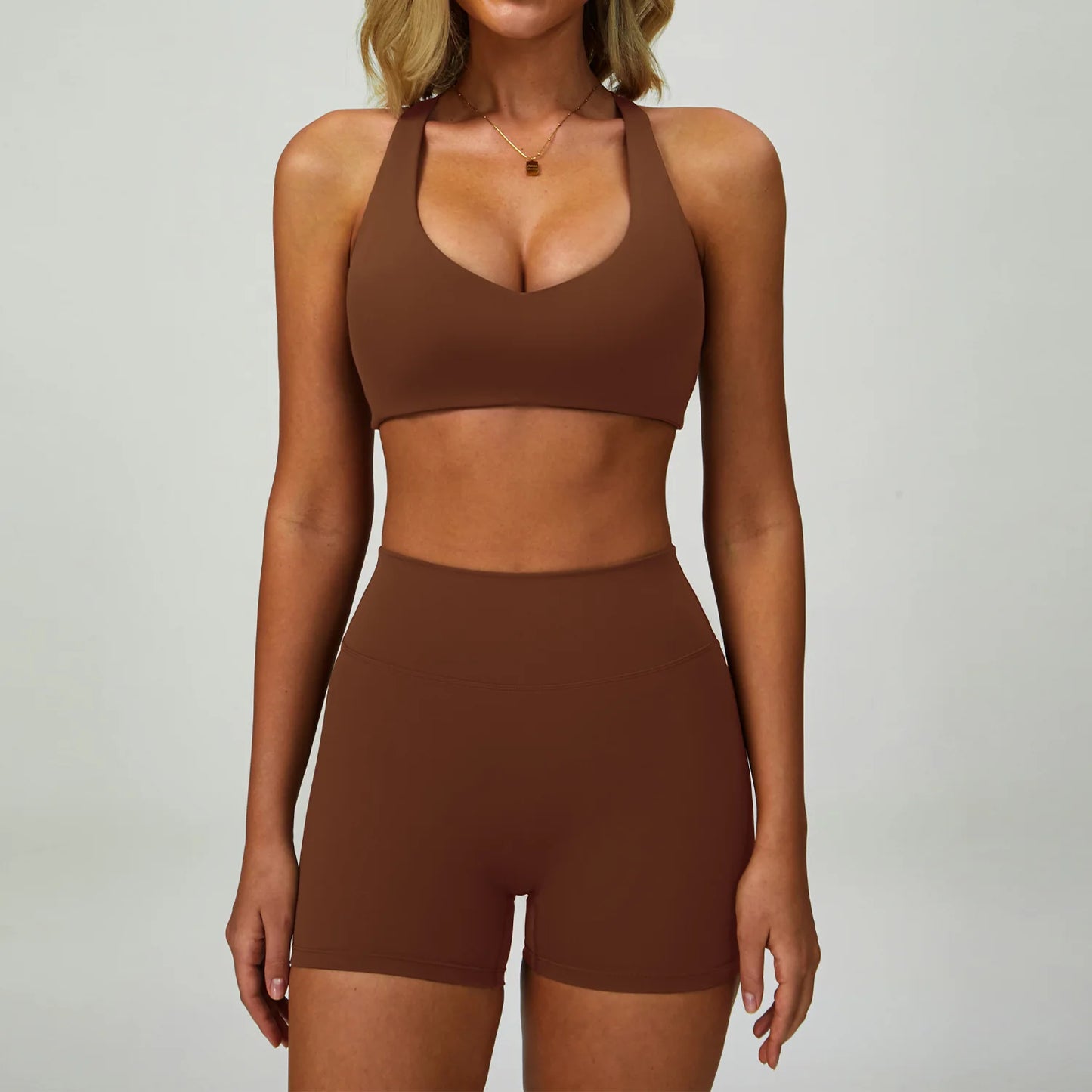 2-3PCS Yoga Suit Women Tracksuit Sports Bra High Waist Leggings Shorts Outfit Gym Set Fitness Push Up Workout Clothes Sportswear Sand brown Set 4 China Mainland